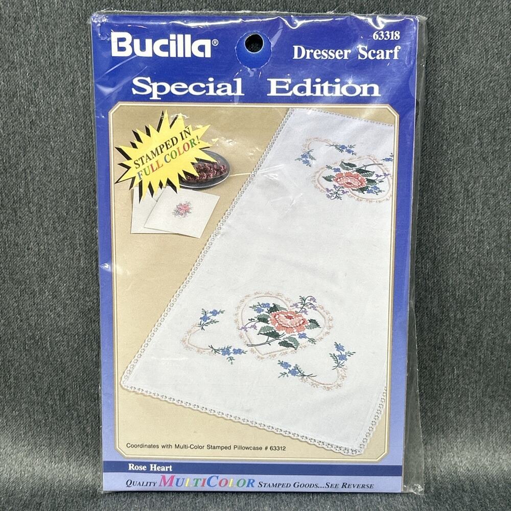 Vintage 1990s Bucilla Rose Heart Dresser Scarf Kit 63318 Embroidery Kit NOS